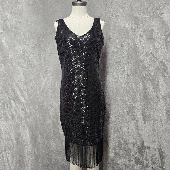 Black Sequin Sleeveless Flapper Dress Fringe Party Cocktail Evening Dress Large - Picture 1 of 15